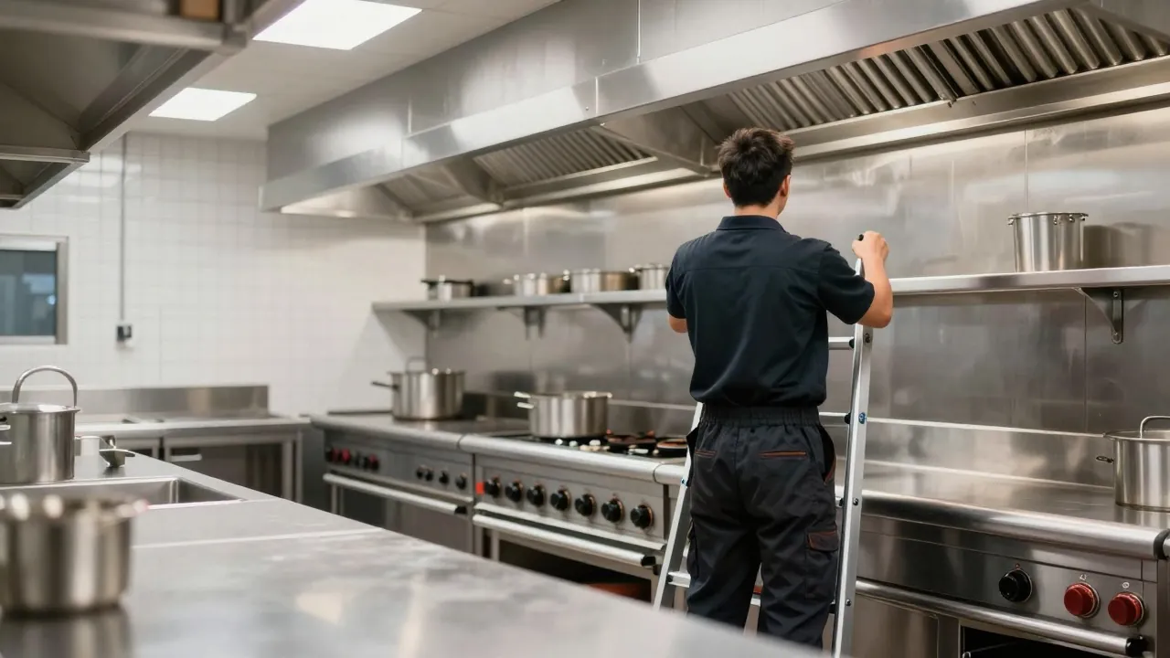 Technicien installant son échelle sous la hotte d’une cuisine de restaurant après le service