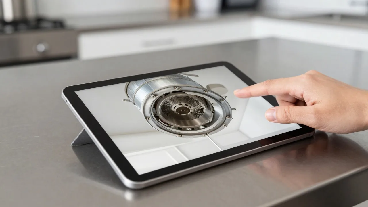 Photos avant et après d’une gaine d’extraction affichées sur une tablette dans une cuisine