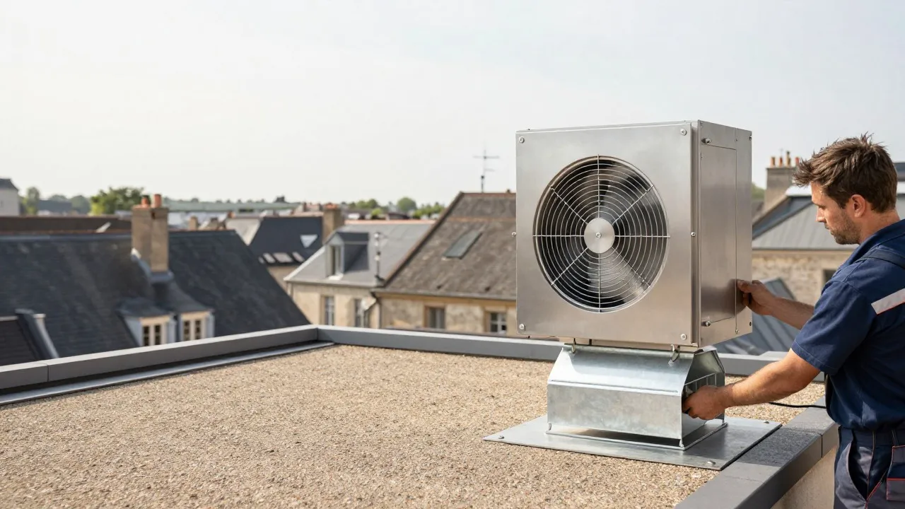 Caisson d’extraction posé sur une toiture-terrasse, technicien raccordant la gaine de rejet