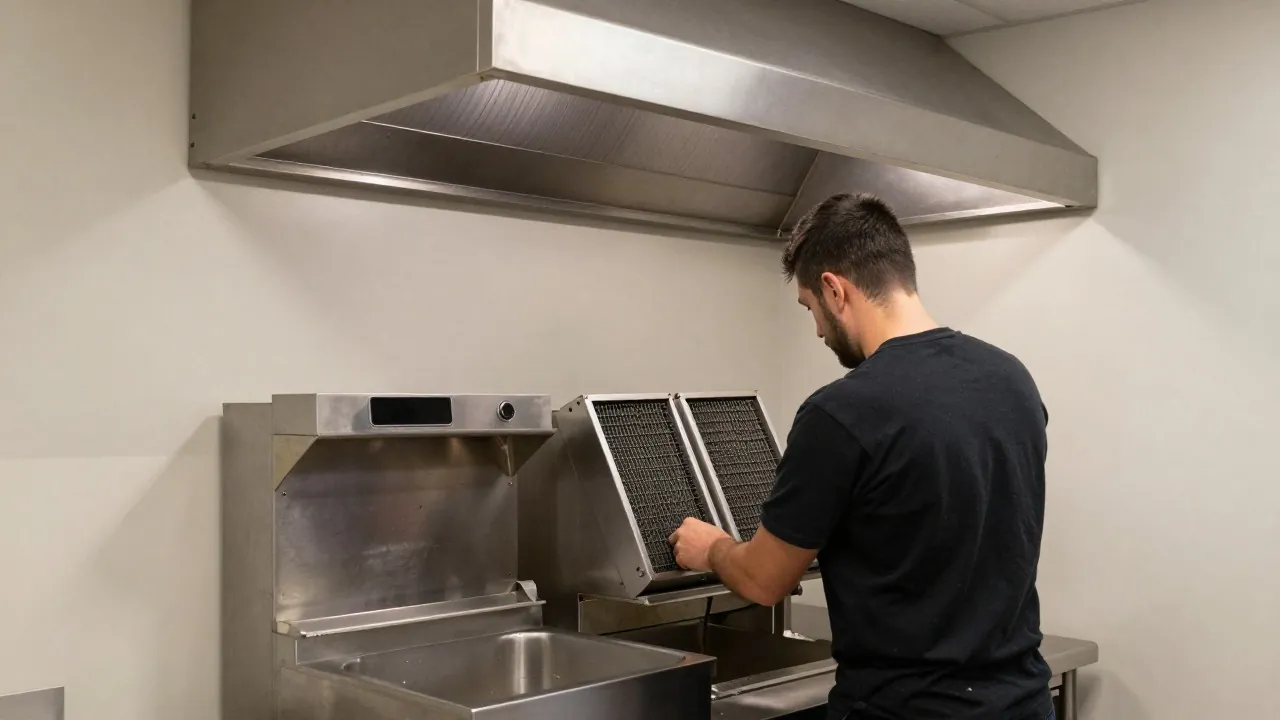 Technicien démontant les filtres de la hotte d’un snack après la fermeture