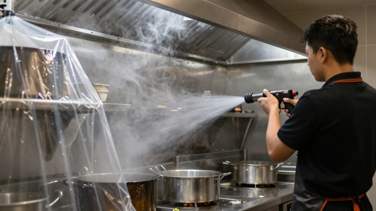 Cuisine de restaurant protégée par des bâches pendant le nettoyage de la hotte