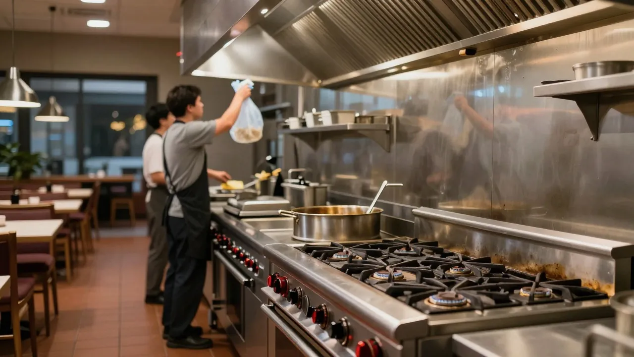 Équipe de nettoyage dégraissant la hotte d’un restaurant après la fermeture