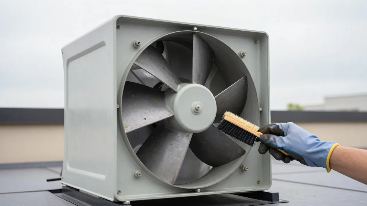 Turbine encrassée d’une tourelle d’extraction ouverte sur une toiture-terrasse