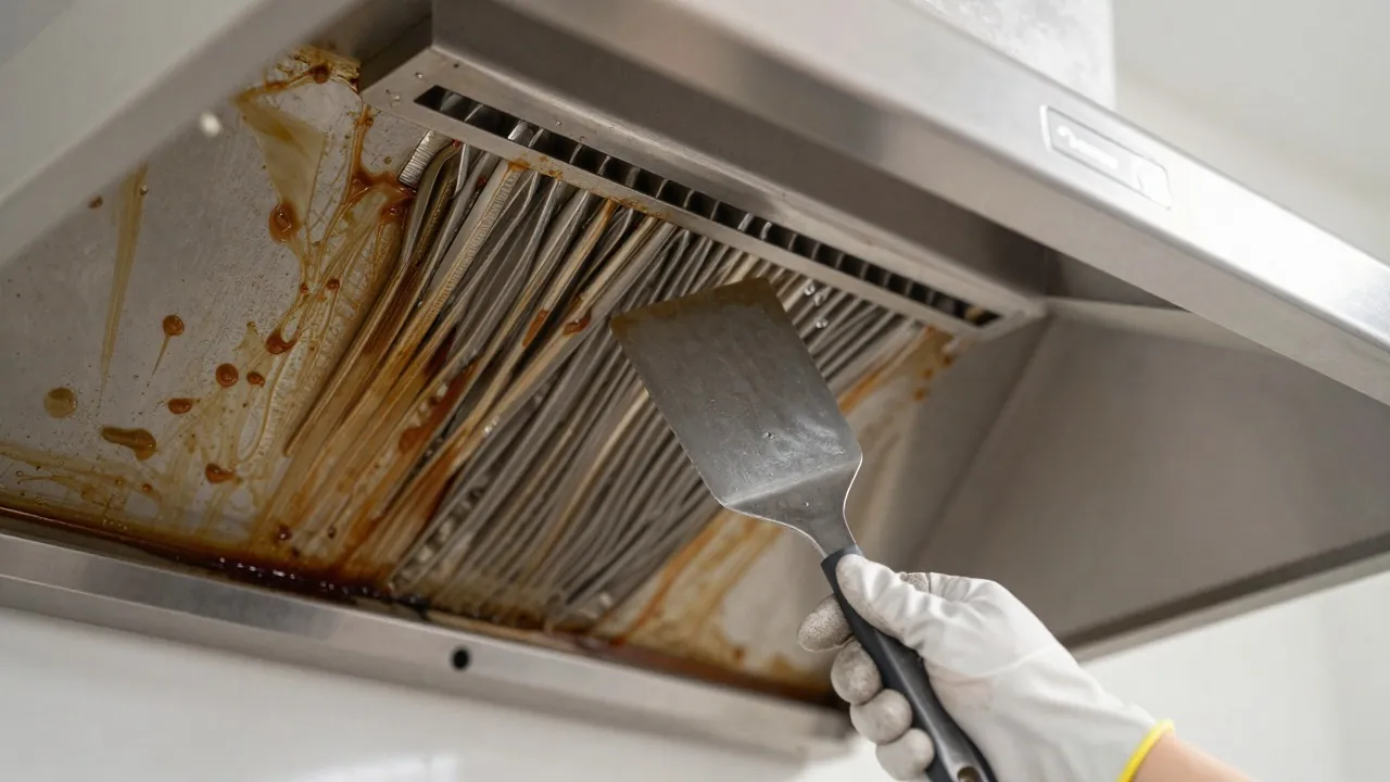 Intérieur d’une hotte de cuisine à moitié dégraissé, avant et après nettoyage
